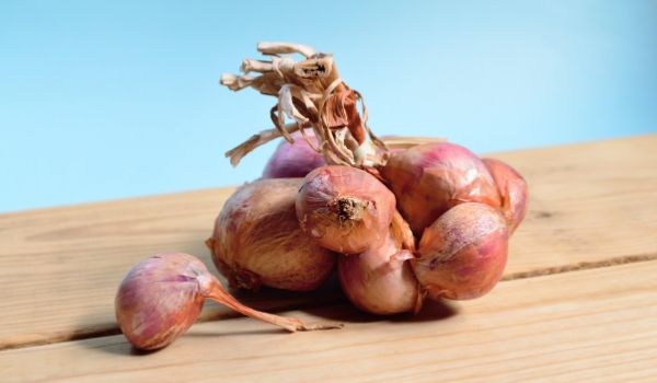 Raw Onions on a Wooden Table with a Sky-blue Background