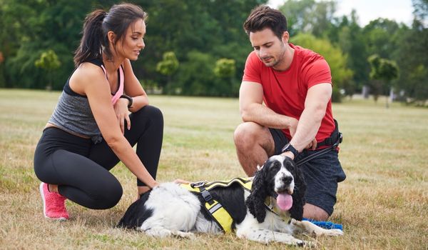Couple and dog resting after workout in the outdoors