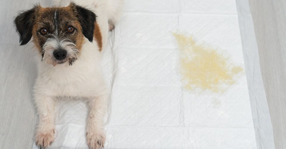 A dog sitting on a large dog diaper with urine stains on it