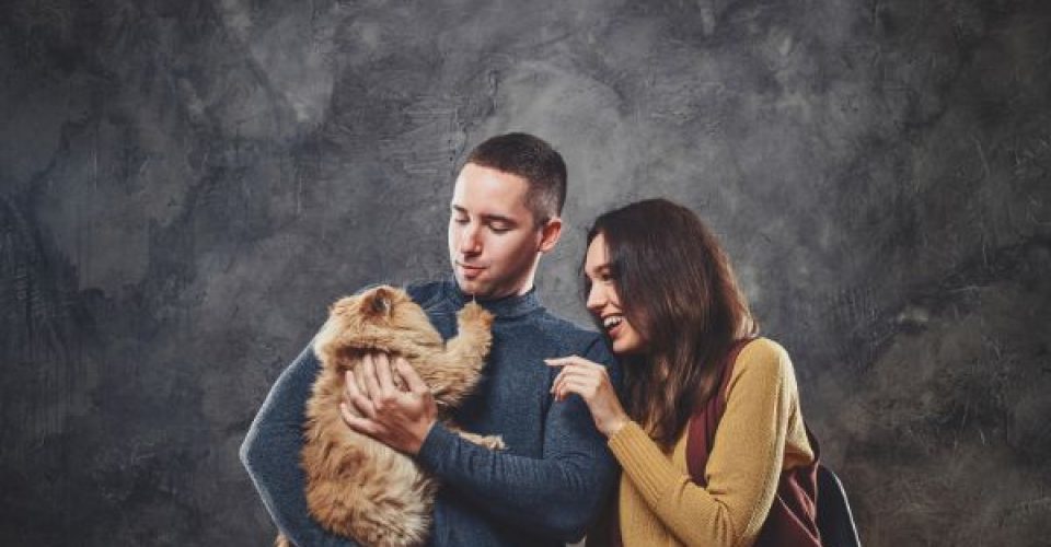 A happy couple is cherishing a moment with their brown cat held by the boy