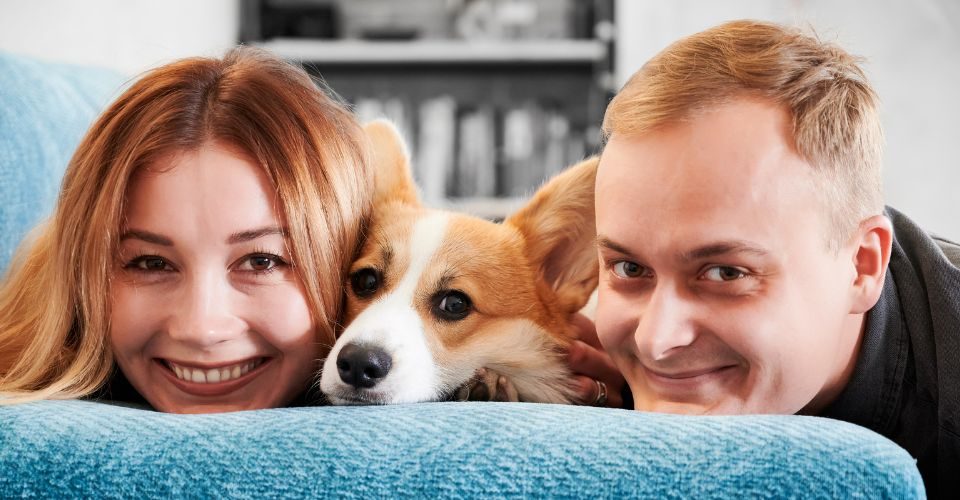 Happy young couple resting on couch with cute corgi dog